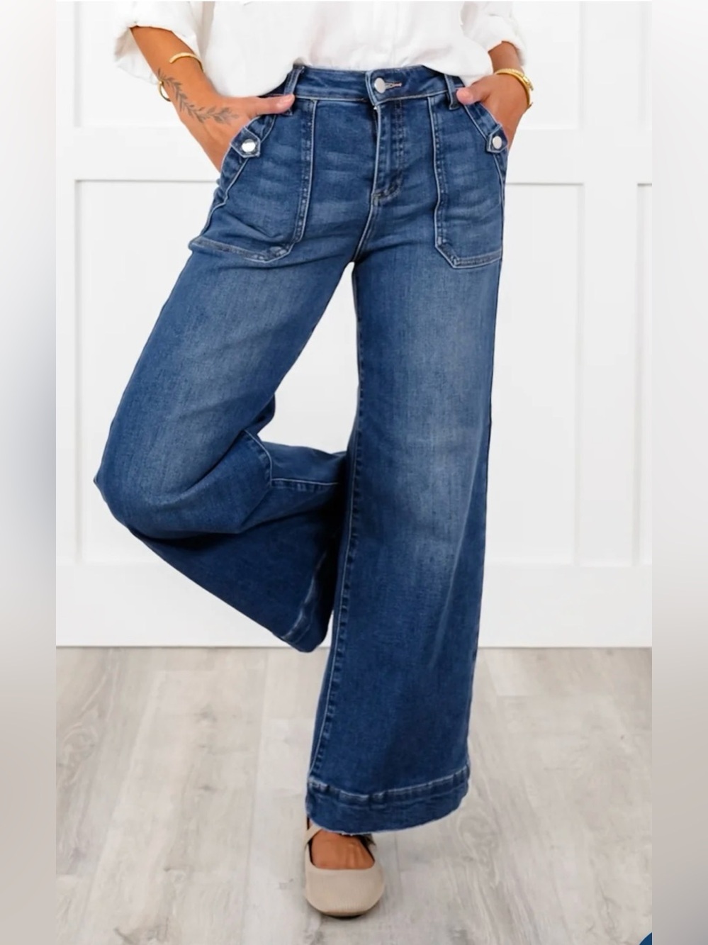 Risen Denim High Rise Wide Leg Patch Pocket Jeans Blue NWT Size 1 / 25